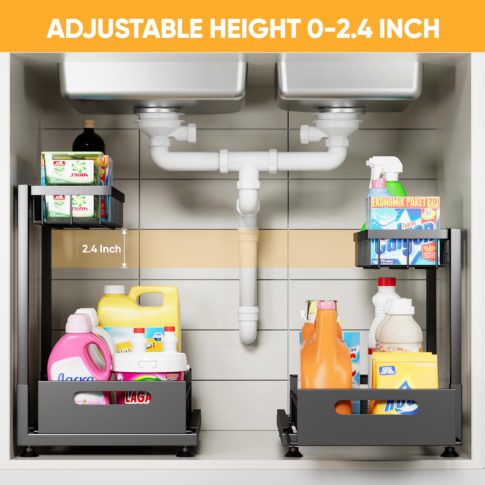 Saydear metal under-sink rack with drawer open for quick access.