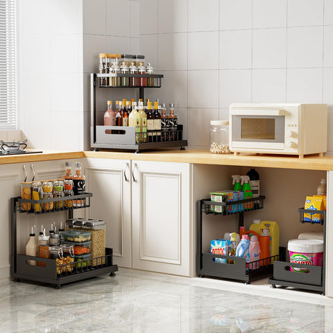 Saydear under-sink organizer with suction cups stays in place.