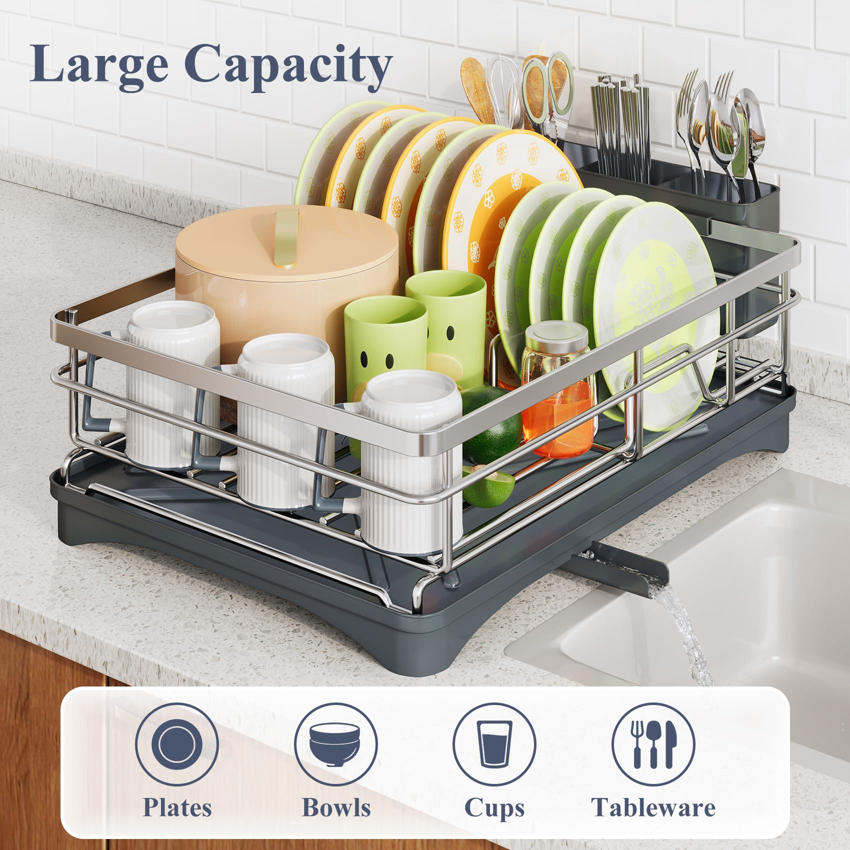 SAYZH dish drying rack full capacity holding ten plates after dinner.