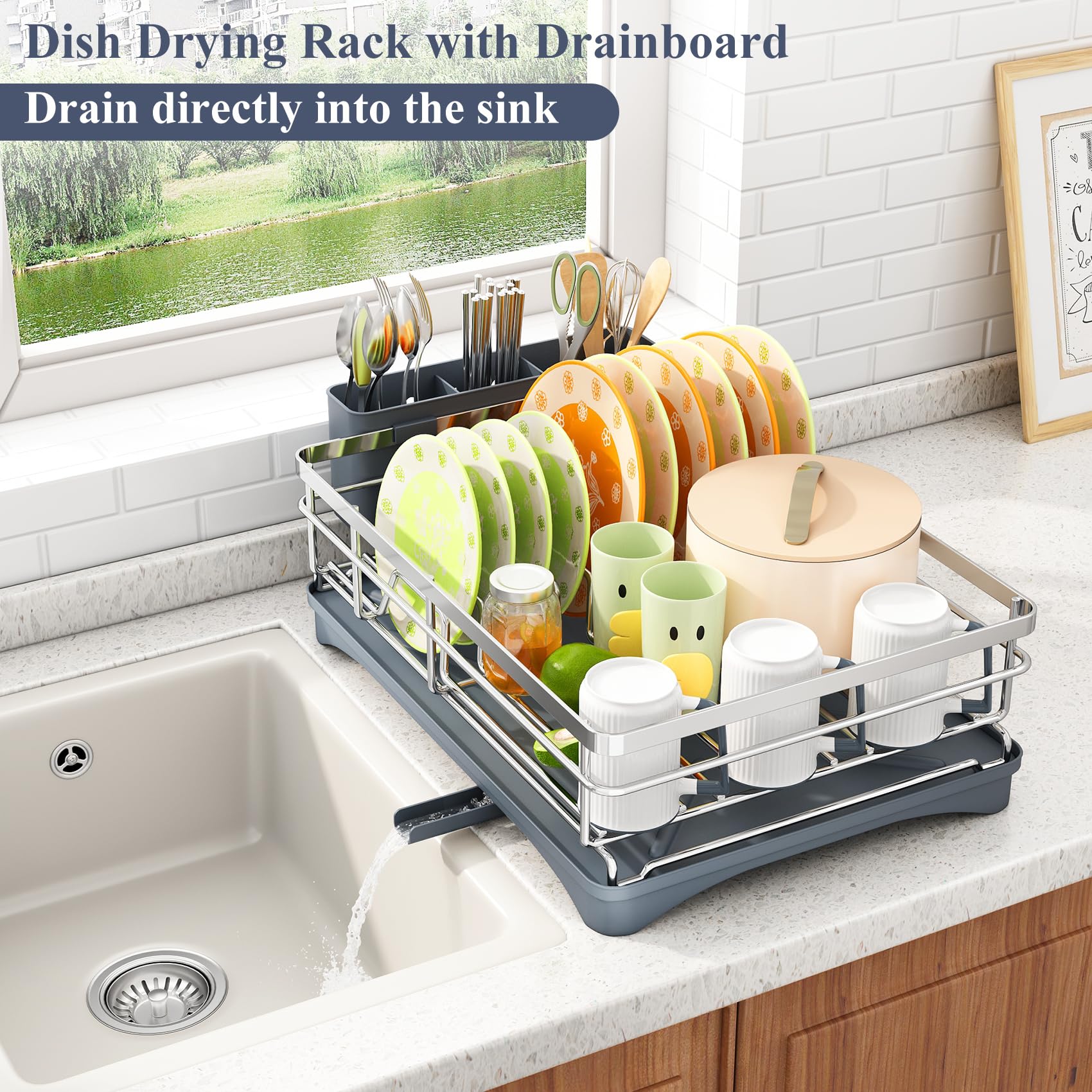 SAYZH dish drying rack with three-slot cutlery holder keeps utensils organized.