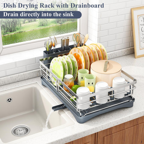 SAYZH dish drying rack with three-slot cutlery holder keeps utensils organized.