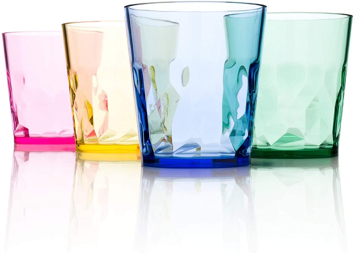 Scandinovia 8oz unbreakable juice glasses stacked for space-saving storage.