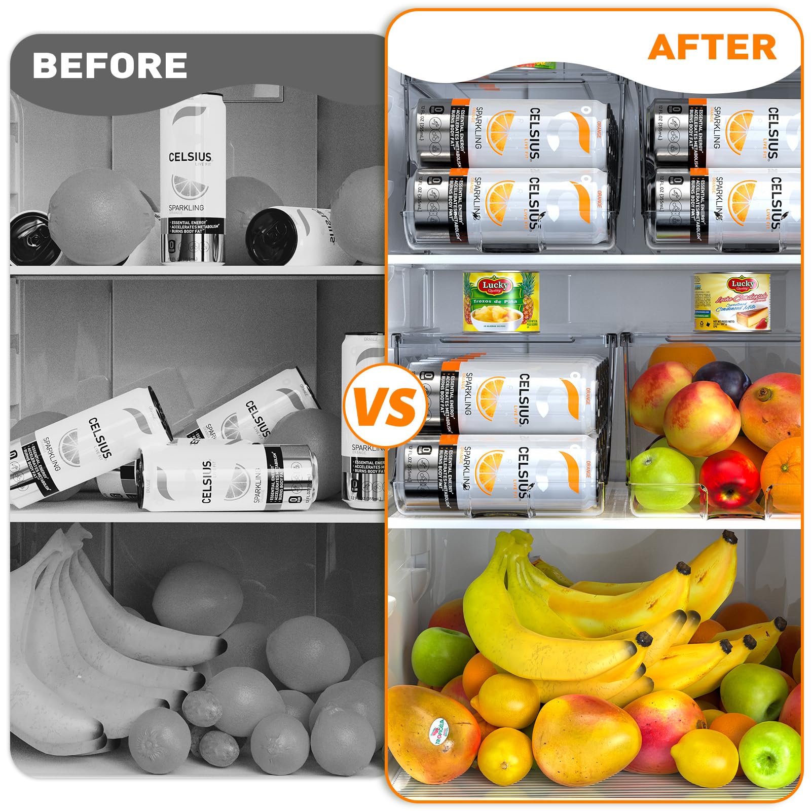 SCAVATA freezer and pantry organization in action for beverages and snacks.