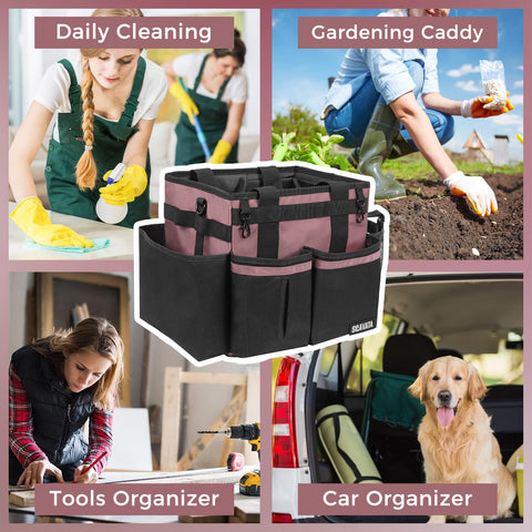 SCAVATA multi-purpose cleaning caddy suitable for housework, car care, and garden tasks.