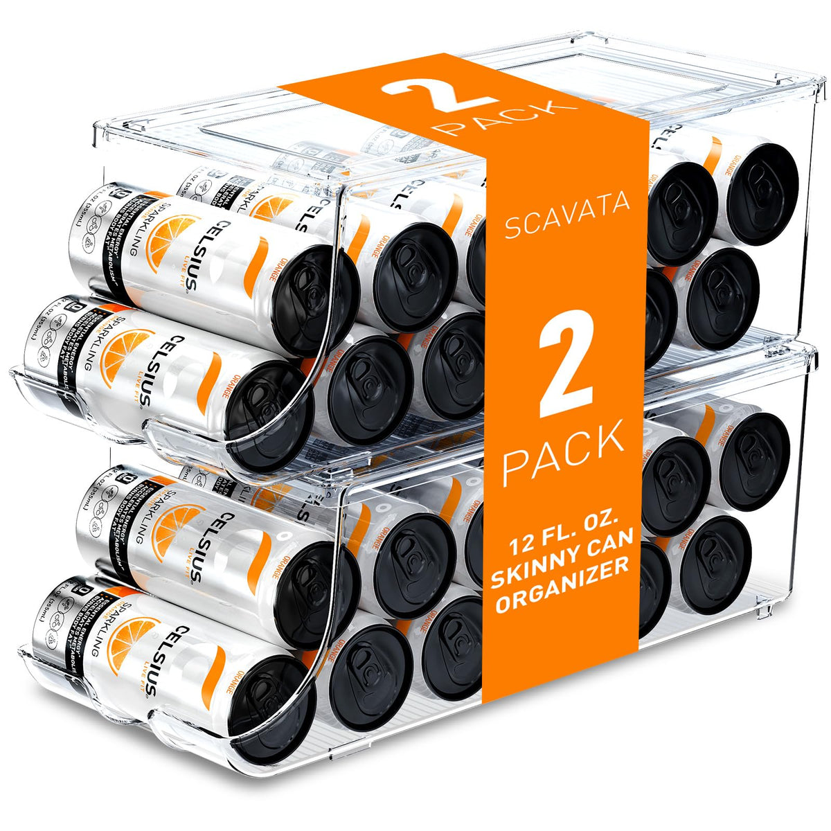 SCAVATA skinny can organizer front view showing organized fridge storage with 12 cans.