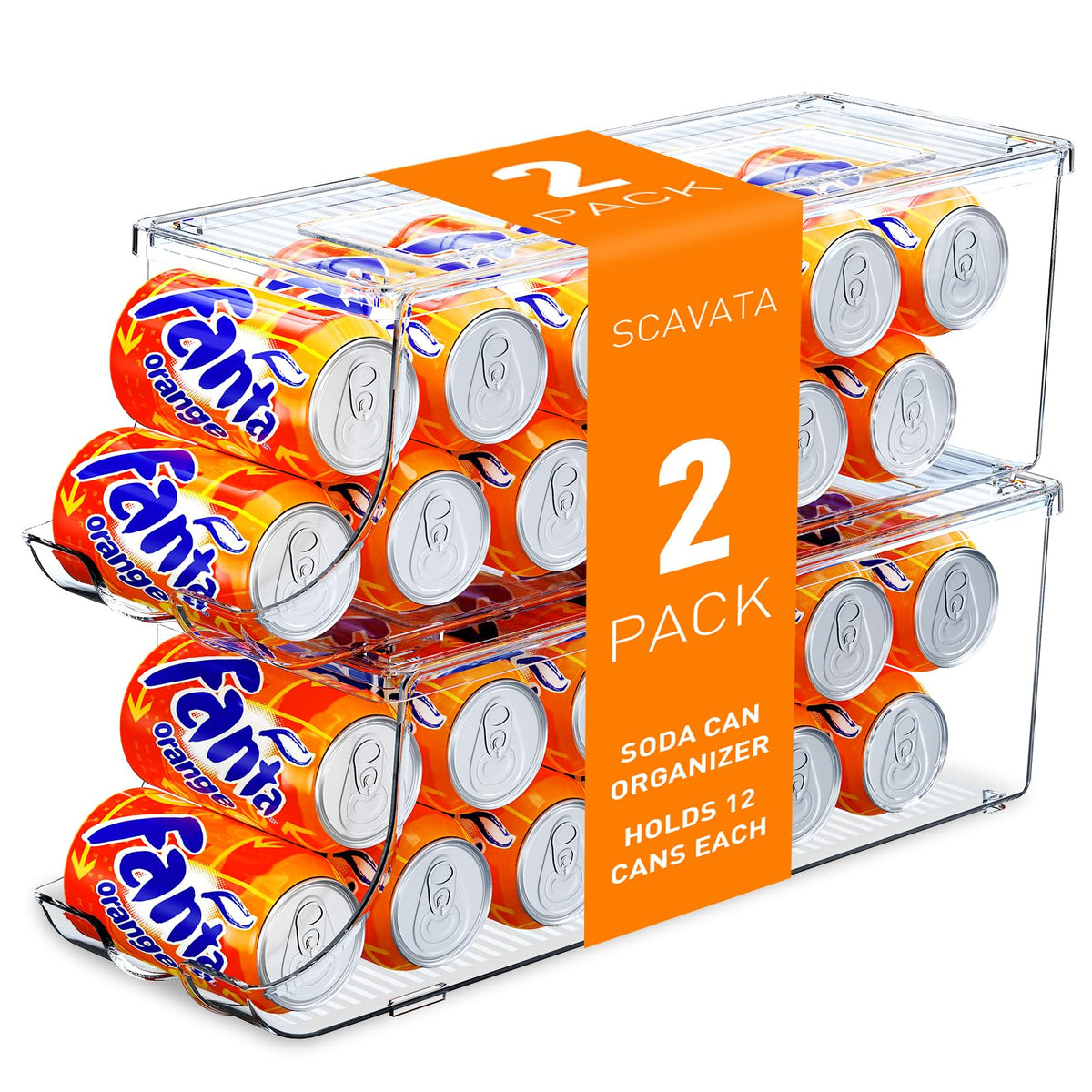 SCAVATA soda can organizer in fridge showing 12-can capacity and clear view
