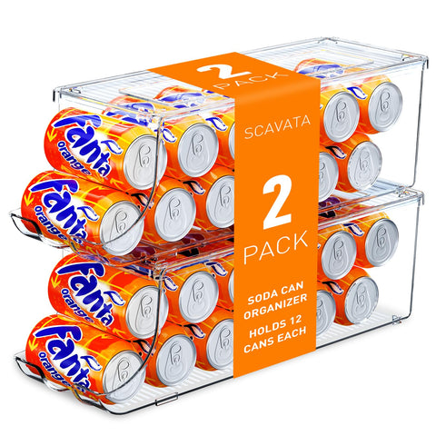 SCAVATA soda can organizer in fridge showing 12-can capacity and clear view