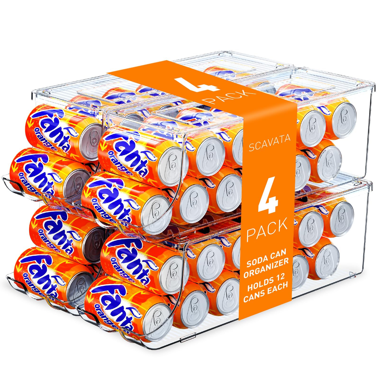 SCAVATA soda can organizer front view keeps 12 cans neatly organized for quick fridge access.