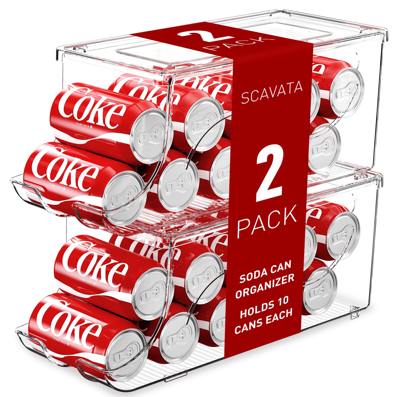 SCAVATA stackable fridge organizer in clear plastic for easy 10-can access.