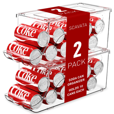 SCAVATA stackable fridge organizer in clear plastic for easy 10-can access.