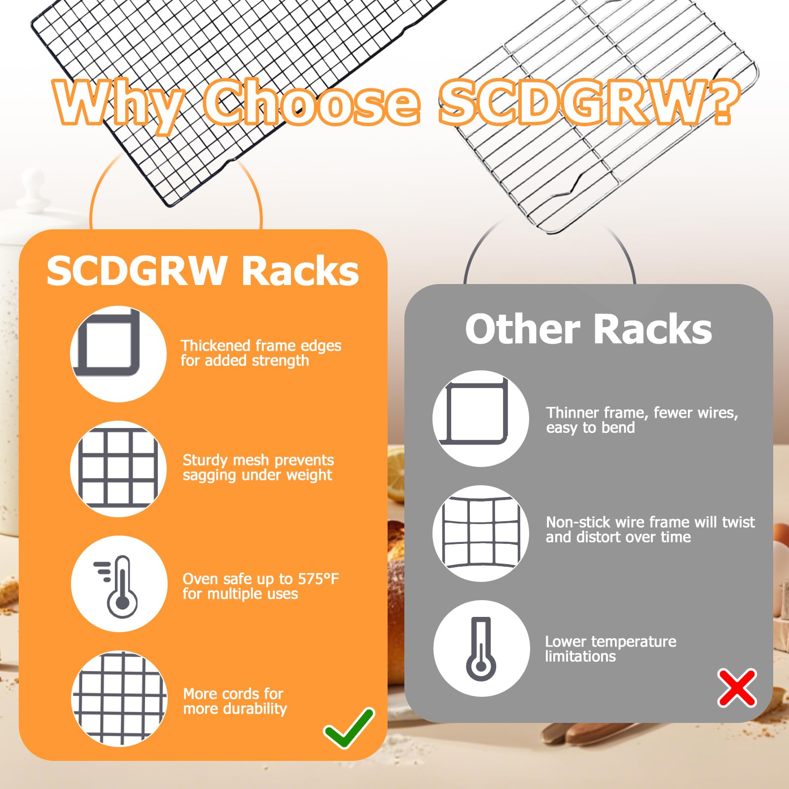SCDGRW roasting and baking wire rack prevents soggy bottoms.