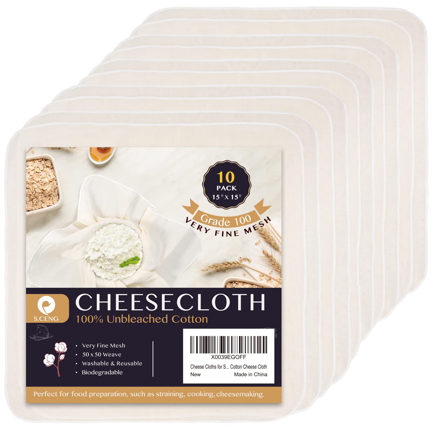 SCENG precut cheesecloth 15x15 inch close-up of ultra-fine weave for smooth straining