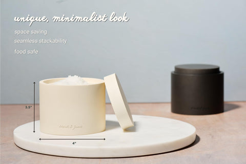 Lids tucked securely on Scout & June salt and pepper bowls.