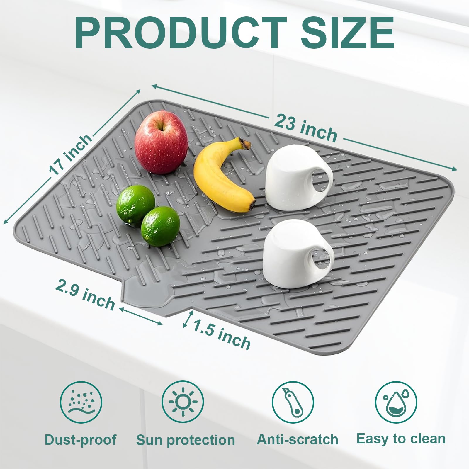 SCYFREID mat with water drain rim prevents countertop pooling.