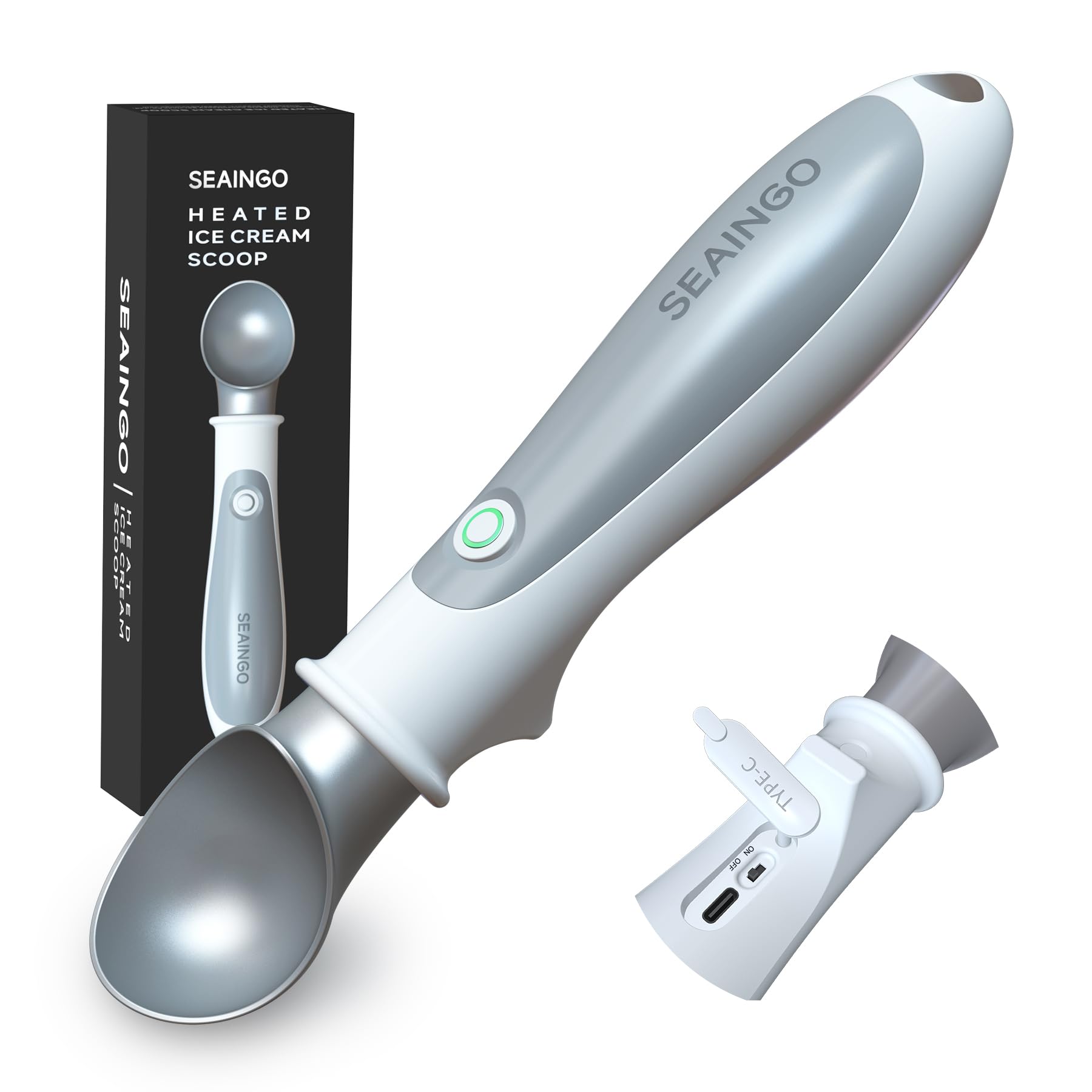SEAINGO heated ice cream scoop showing the on/off switch for safe control
