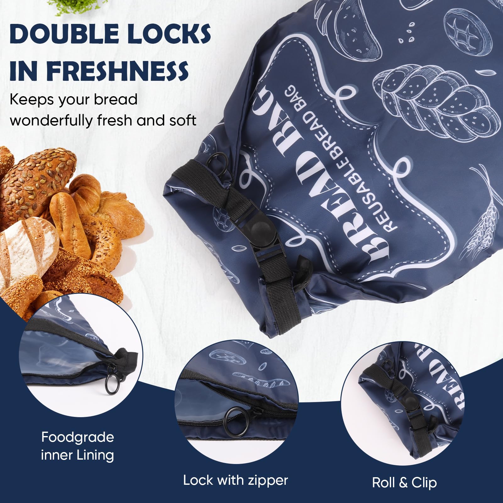 Seaury Kareen bread bag with zipper shows double-lock design for freshness.