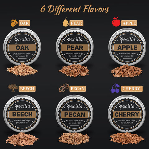 Secilla wood chips flavor assortment shows cherry, oak, and more.