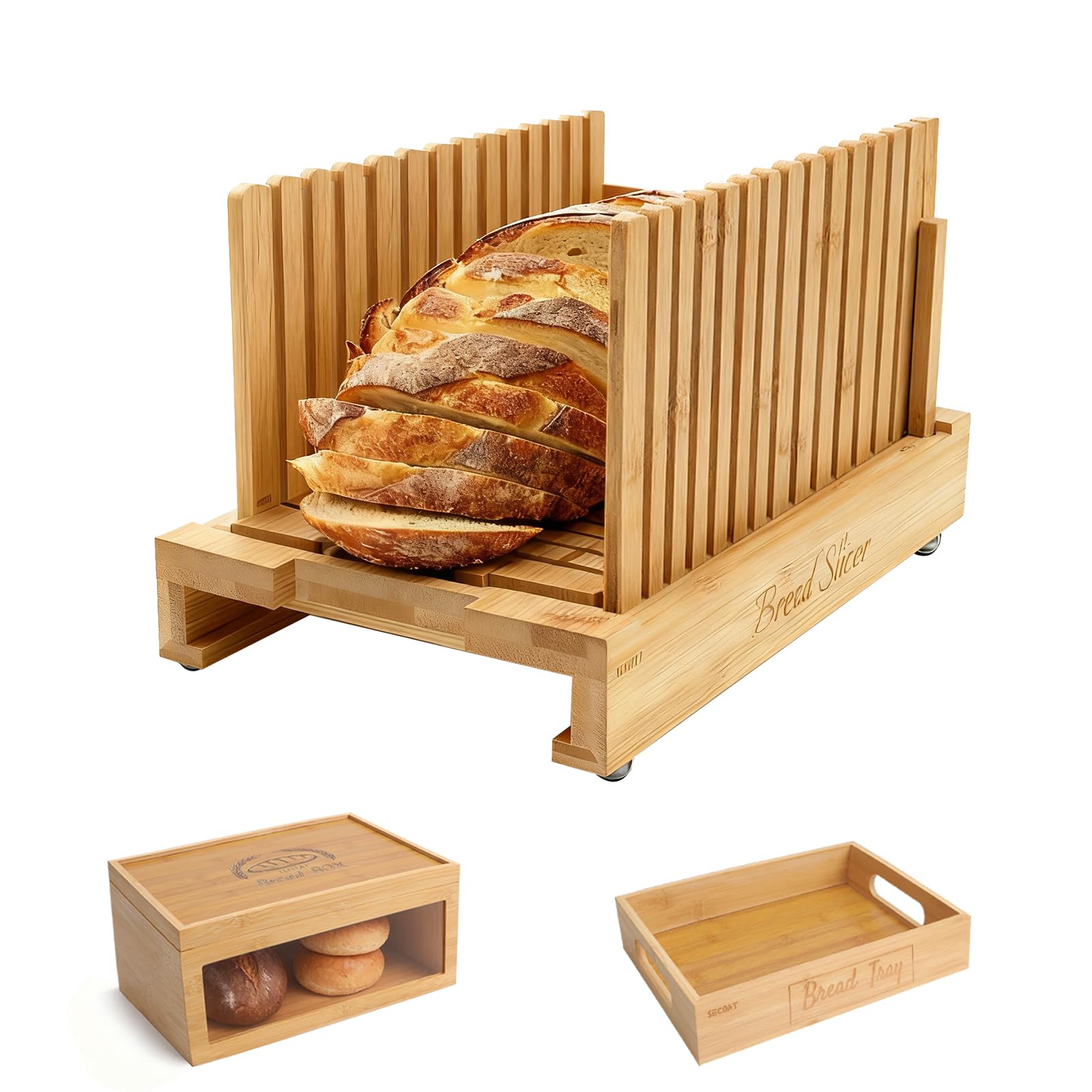 SECOAT bamboo bread slicer kit with sturdy wood for even slices at home.