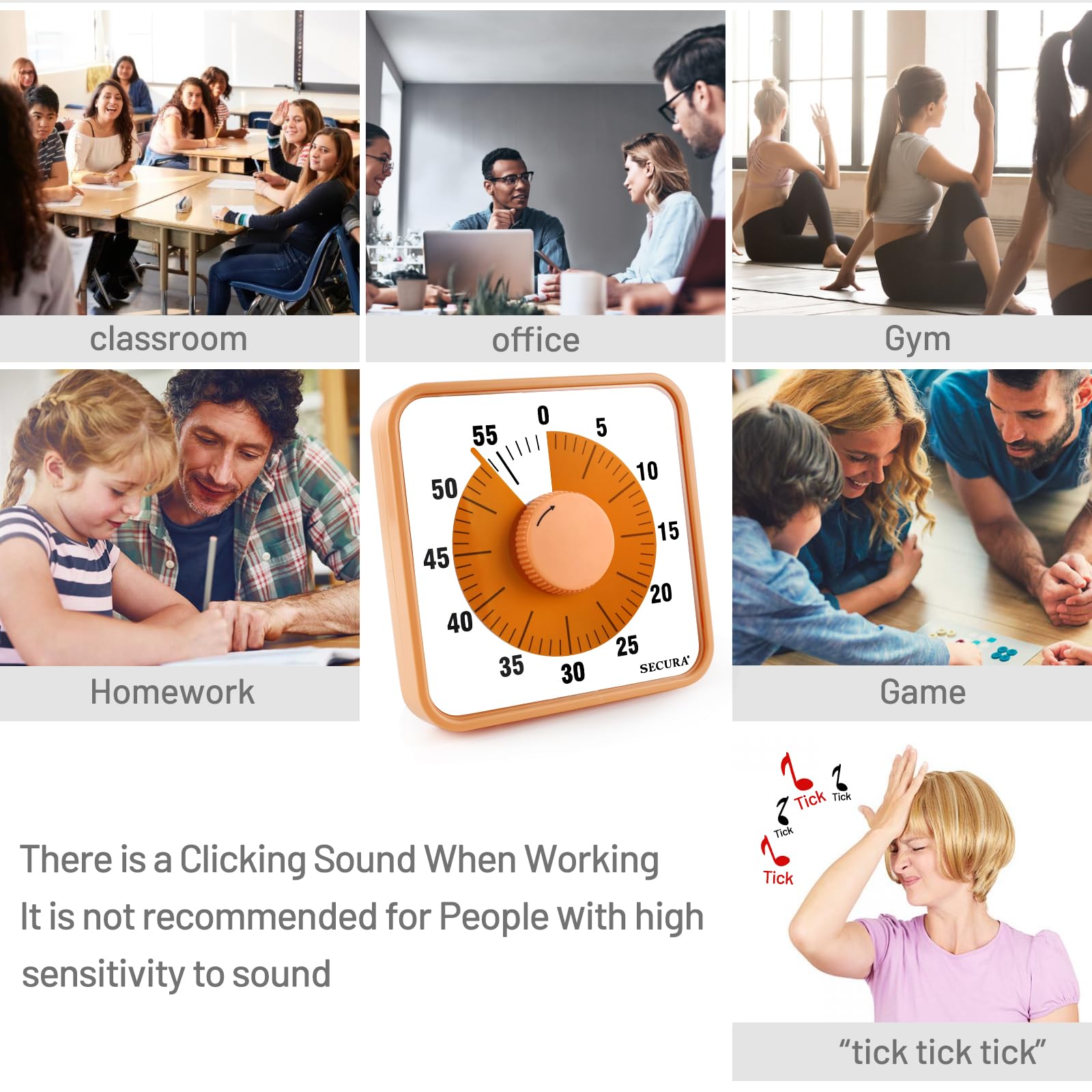 Secura visual timer desk stand enables easy placement.