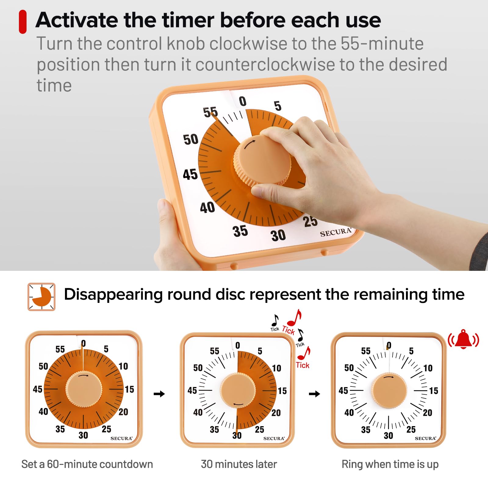 Secura visual timer magnetic back panel for fridge mounting.