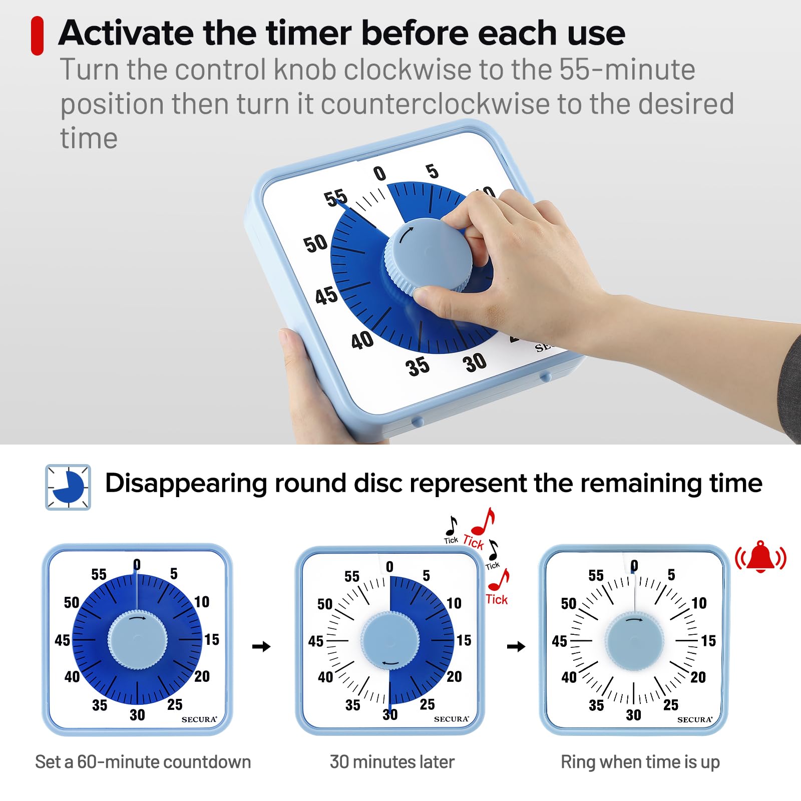 Secura visual timer wall-mount capability frees desk space and improves visibility.