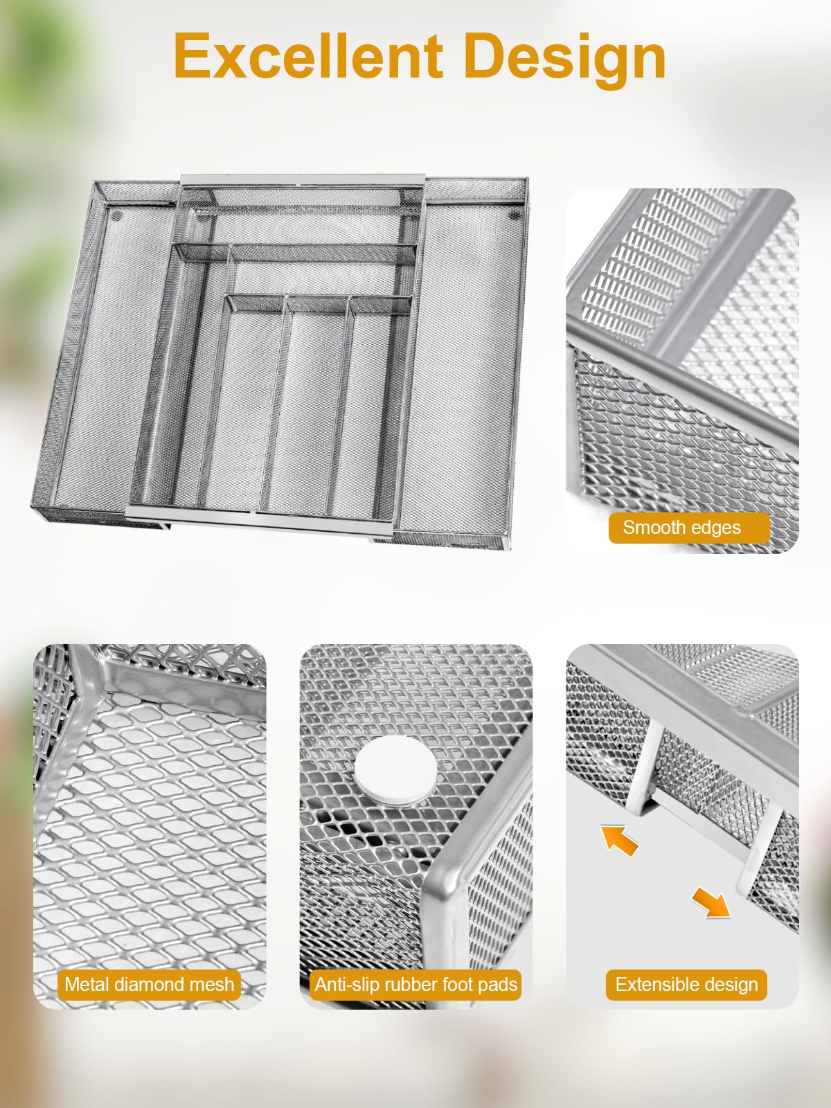 Non-slip feet stabilize the metal tray during daily drawer use.