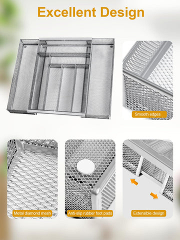 Non-slip feet stabilize the metal tray during daily drawer use.