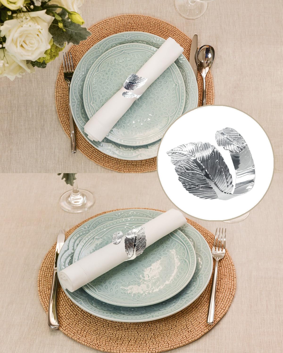 Elegant detail of SEEBRIDER silver leaf napkin rings