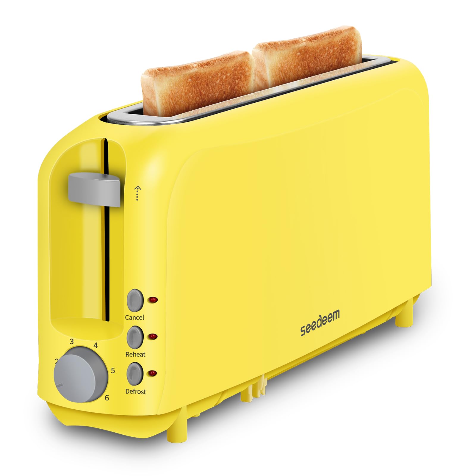 SEEDEEM 2-Slice Slim Toaster yellow front view highlighting compact design for small kitchens