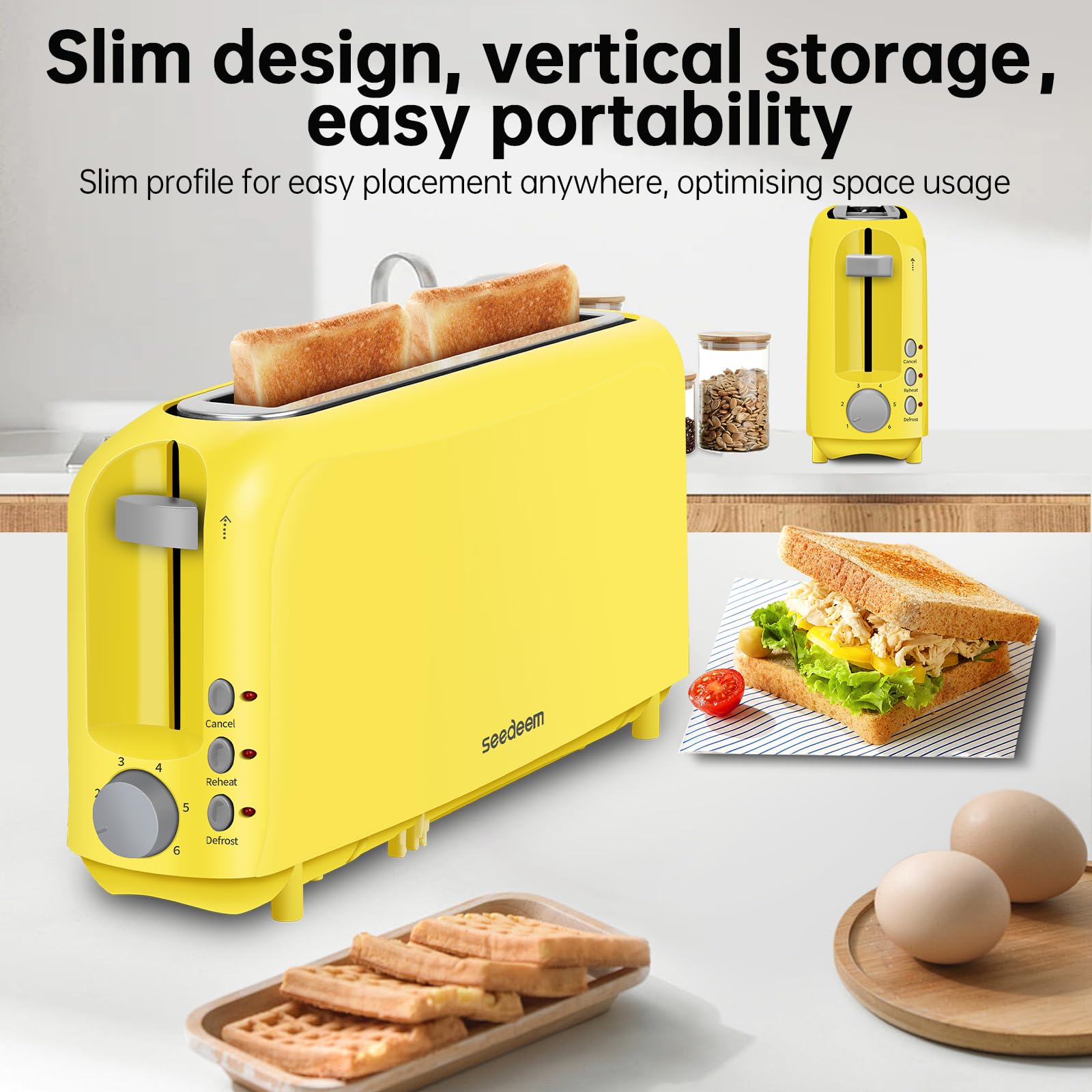 SEEDEEM long-slot yellow toaster interior view showing versatile 1-2 slice capacity