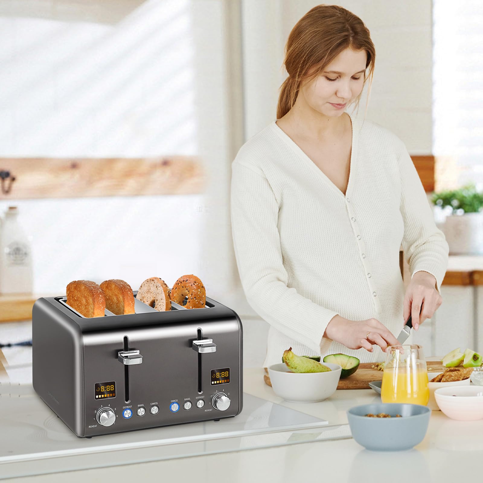 SEEDEEM kitchen scene shows a sleek stainless toaster on the counter.