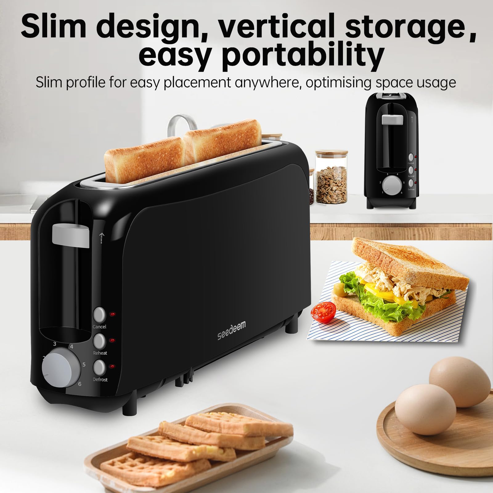 SEEDEEM long-slot toaster fits one long slice or two slices evenly for versatile bread.