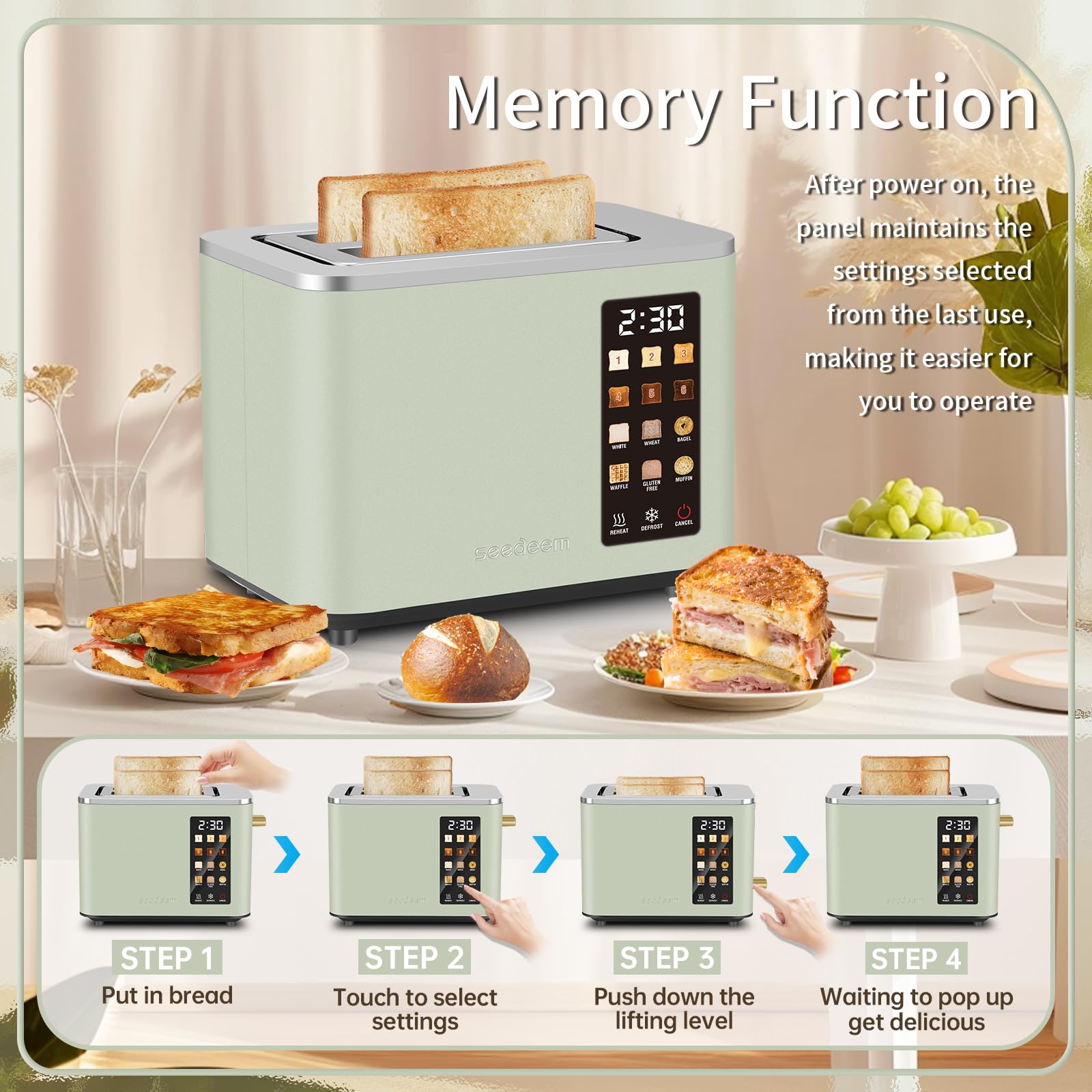 1.4-inch extra-wide slots on the Seedeem toaster accommodate many breads