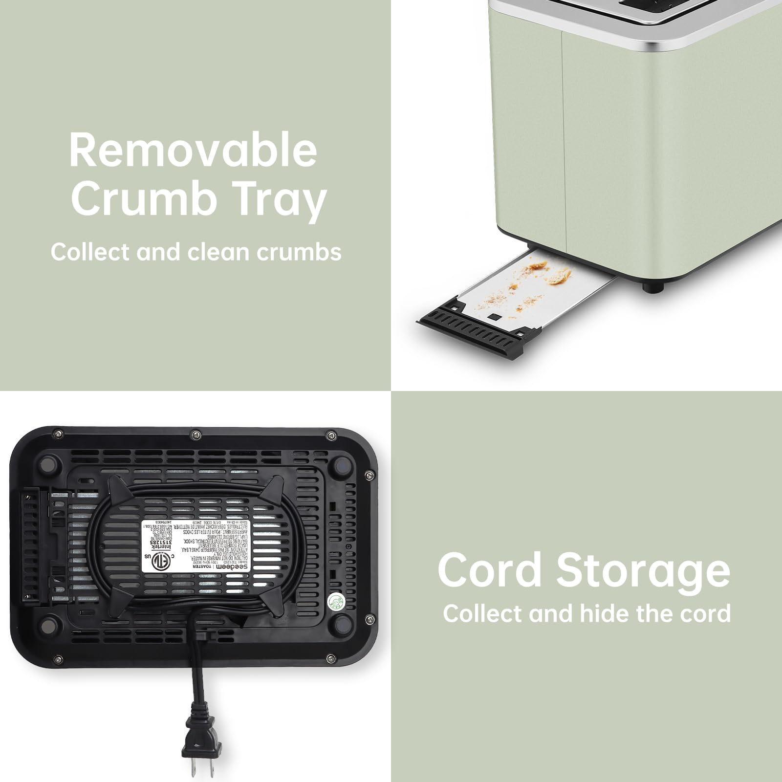 Removable crumb tray on the Seedeem toaster for easy cleanup