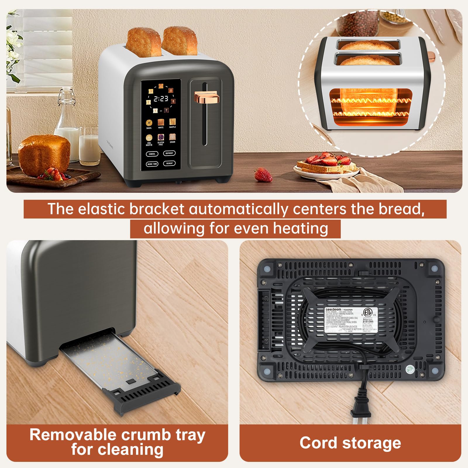 SEEDEEM removable crumb tray simplifies cleaning after toasting.