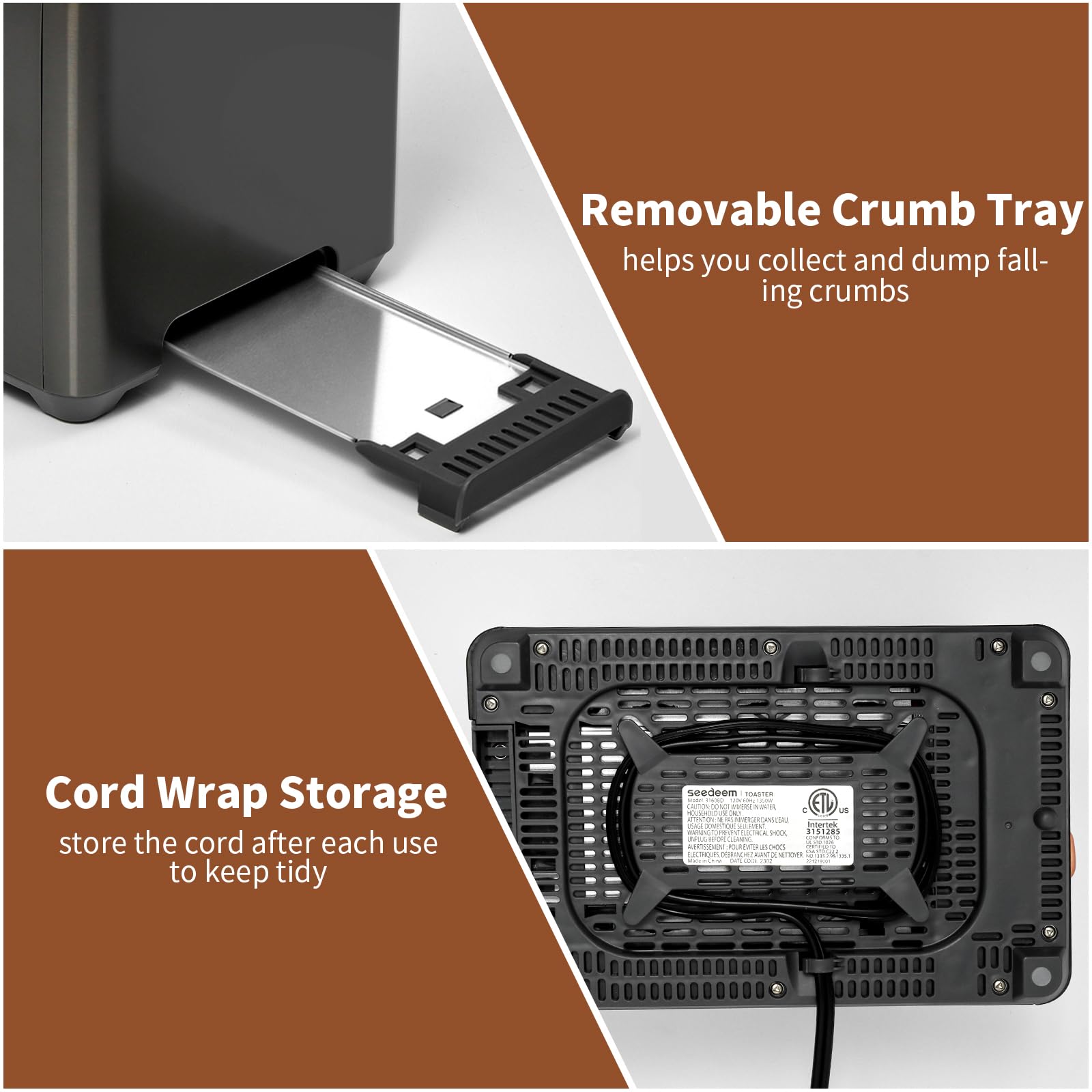SEEDEEM removable crumb tray for easy cleanup after toasting