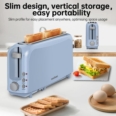 SEEDEEM ultra-thin blue toaster on a compact kitchen counter.