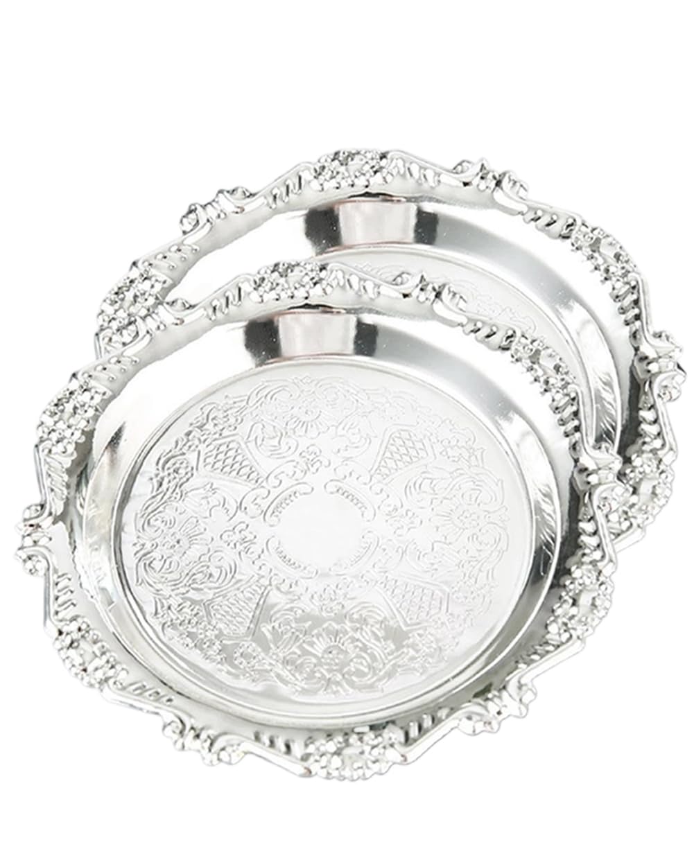 Seek Rare 2pcs coffee table tray, round silver, ideal for elegant serving at gatherings.