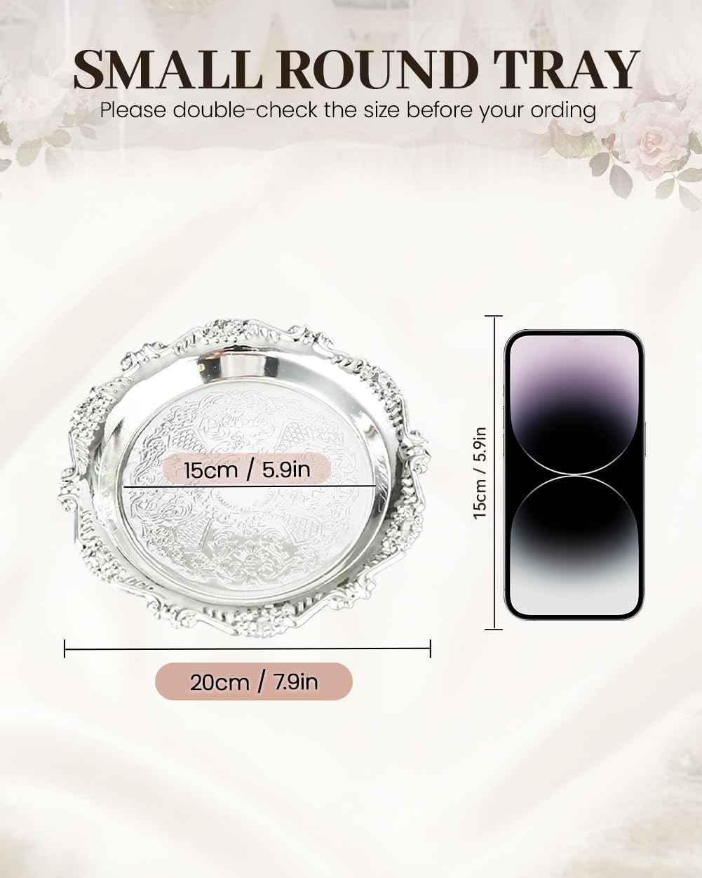 Seek Rare round silver tray with carved design, enhancing stylish display.