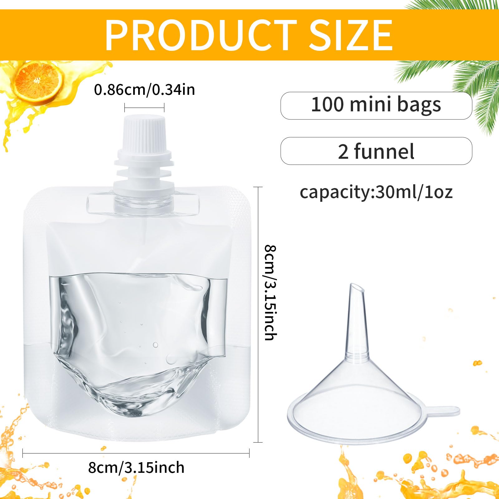 Seeloowy clear 1oz juice bags for portable samples and beverages.