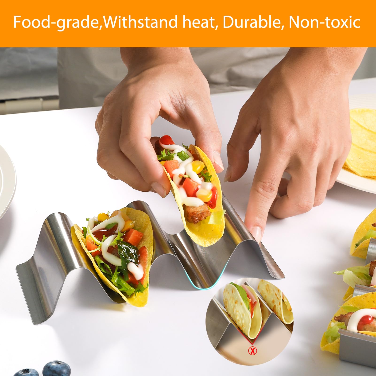 SeewtLice taco holder 6-pack closeup highlights sturdy stainless steel finish.