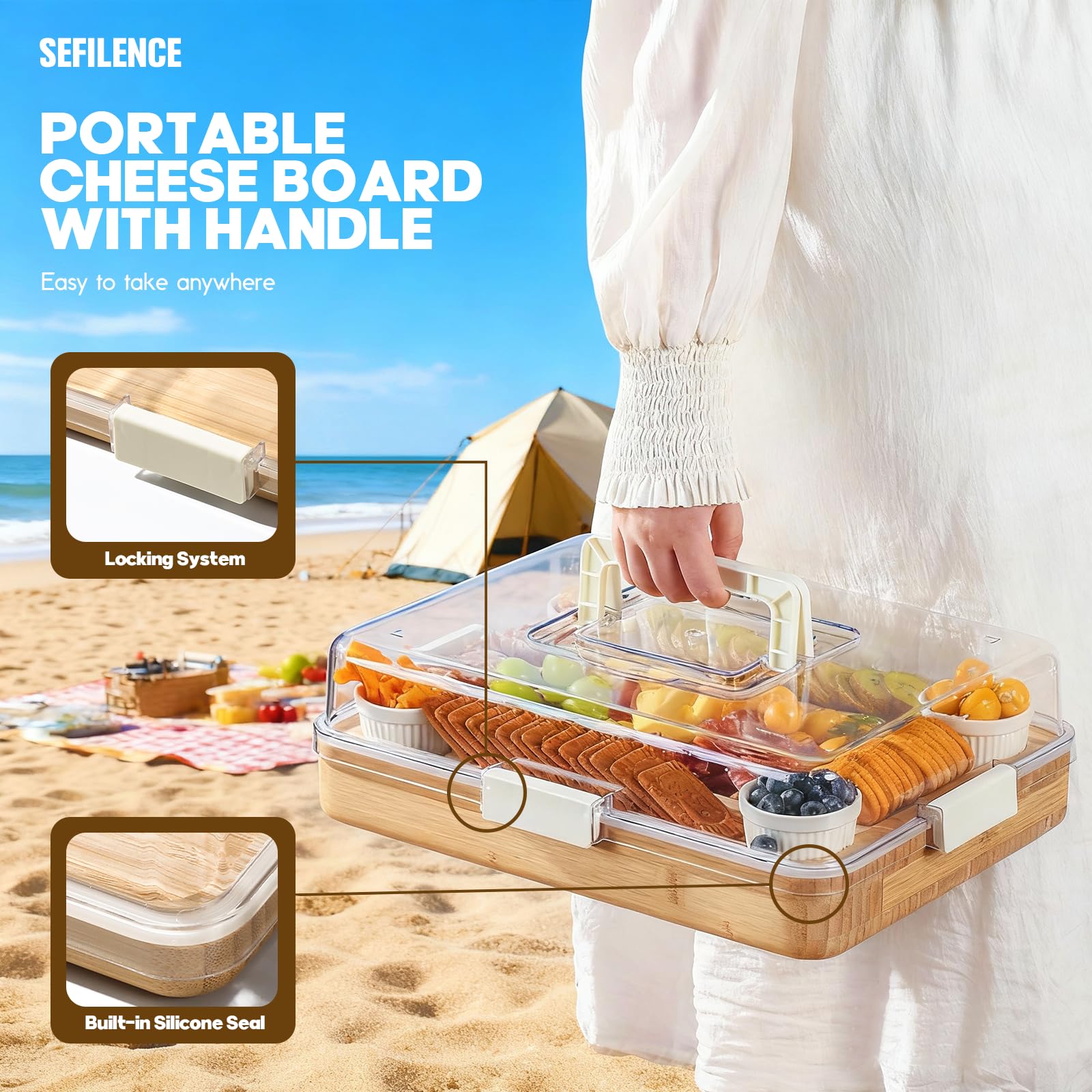 SEFILENCE charcuterie board portable handle makes carrying easy
