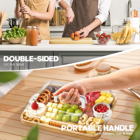 SEFILENCE wooden board separates cheeses, meats, fruits for crisp snacks.
