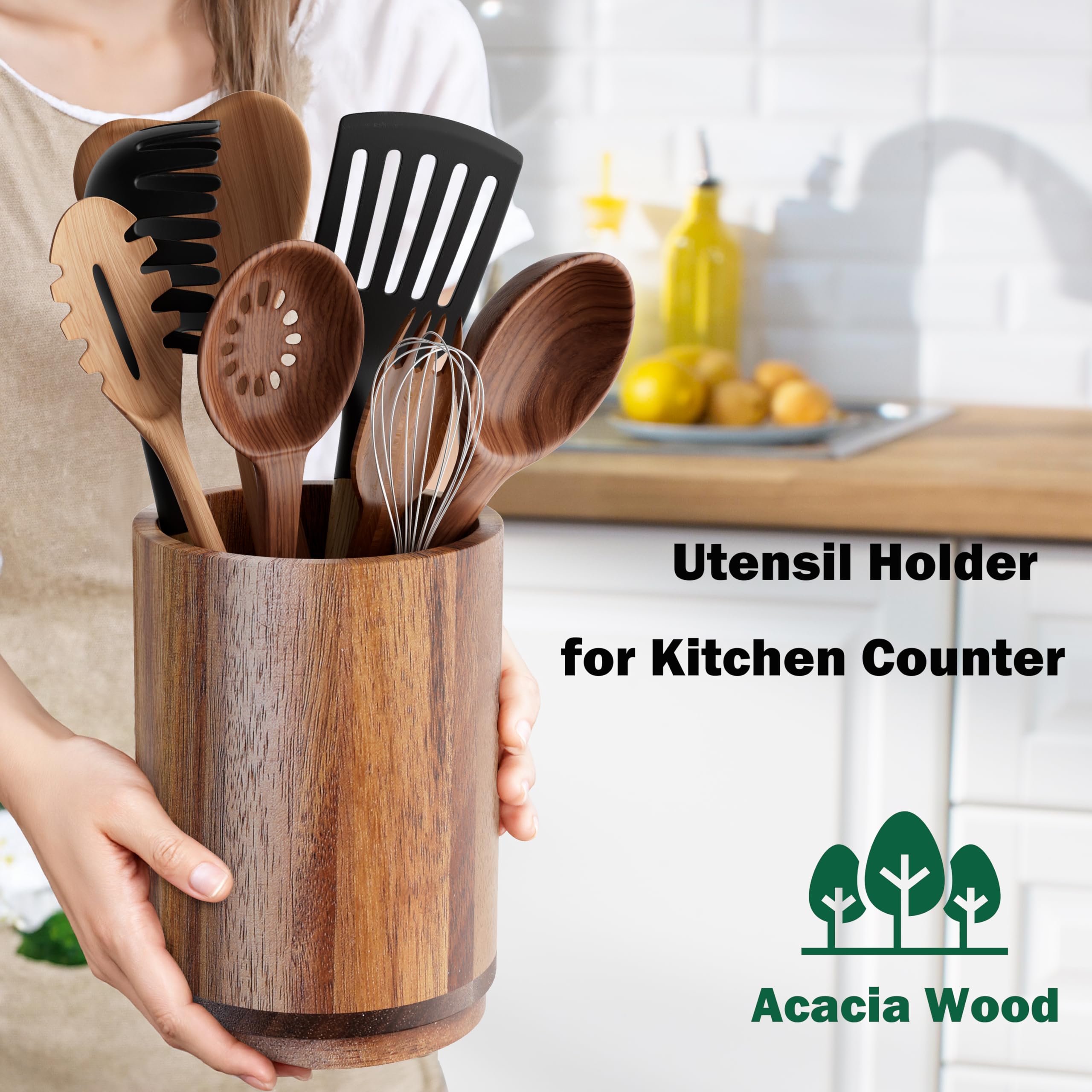 Segtenant utensil crock on countertop highlighting farmhouse style and durability.