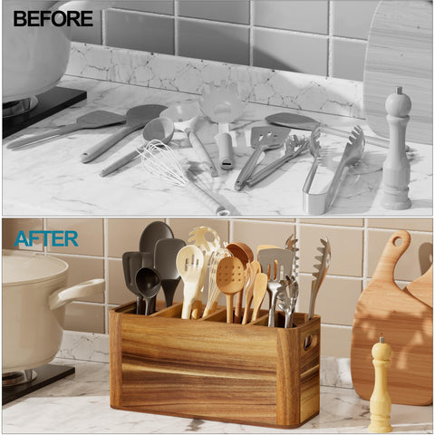 Segtenant acacia wood kitchen organizer blends with farmhouse décor.