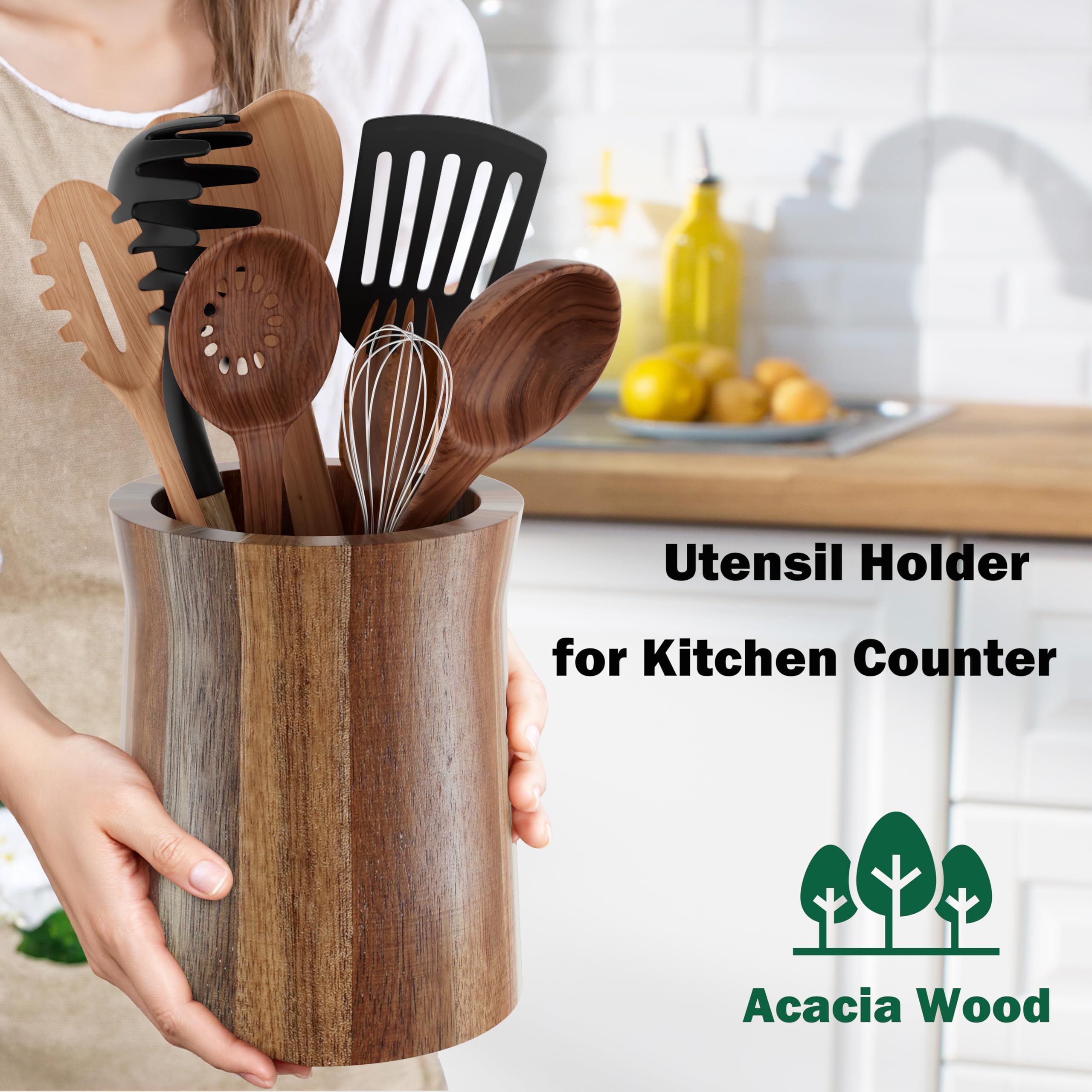 Segtenant Utensil Holder crafted in acacia wood adds durable, farmhouse-style appeal.