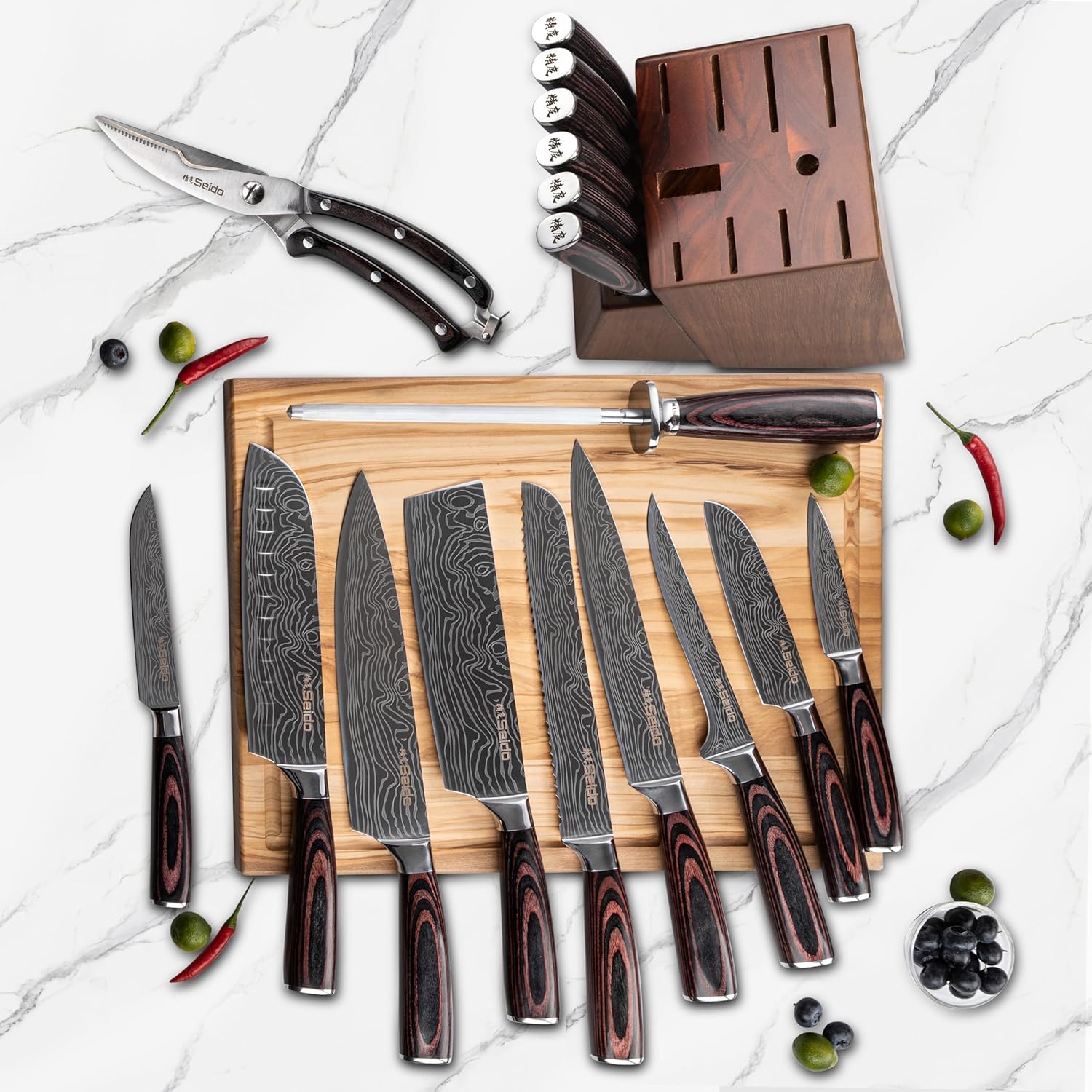 Seido Knives acacia wood block keeps blades organized