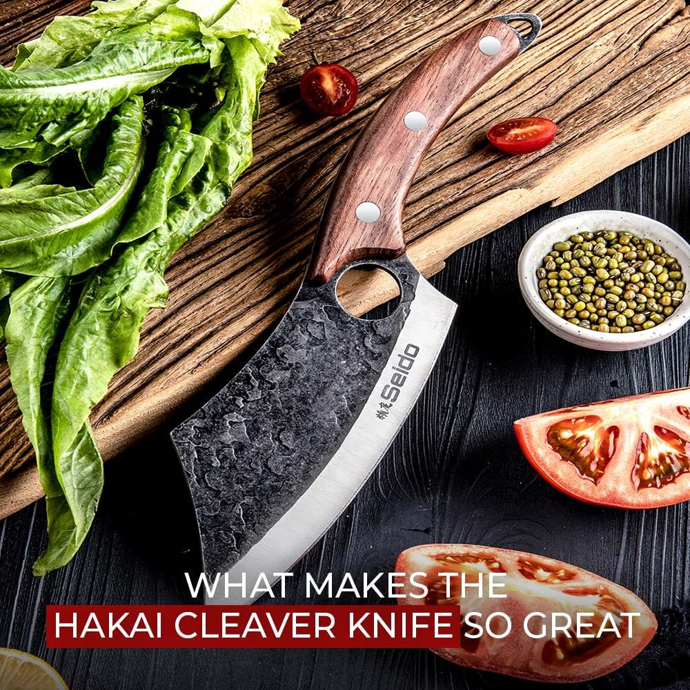 Seido Knives Hakai kitchen display with blade and sheath emphasizing craftsmanship.