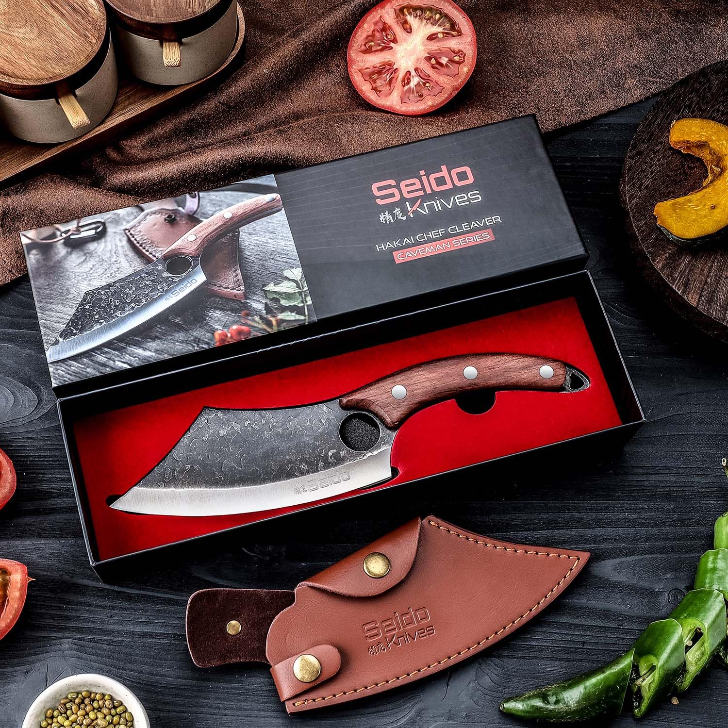 Seido Knives Hakai rosewood handle detail for comfortable, secure grip during prep.