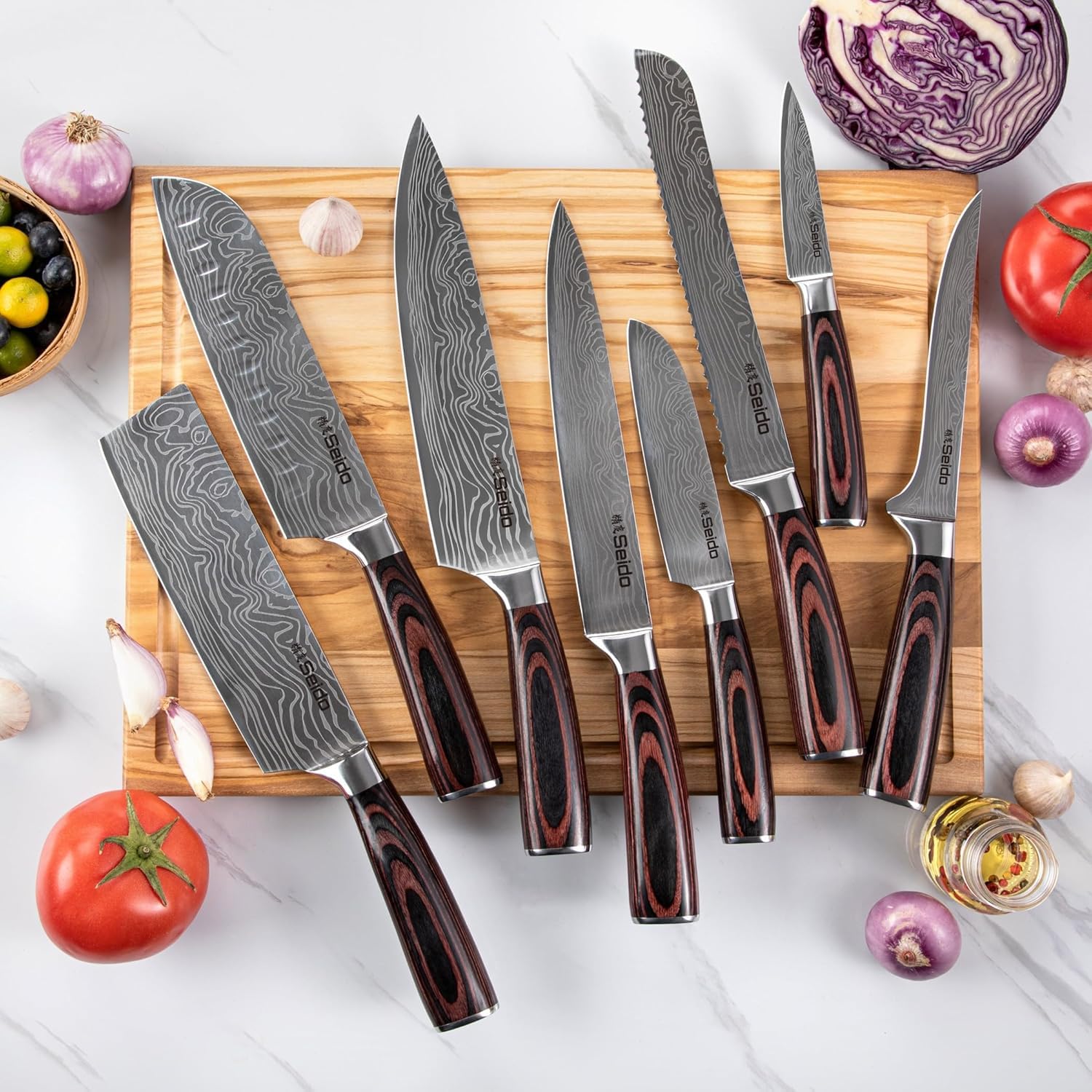 Seido Knives pakkawood handles for comfortable control